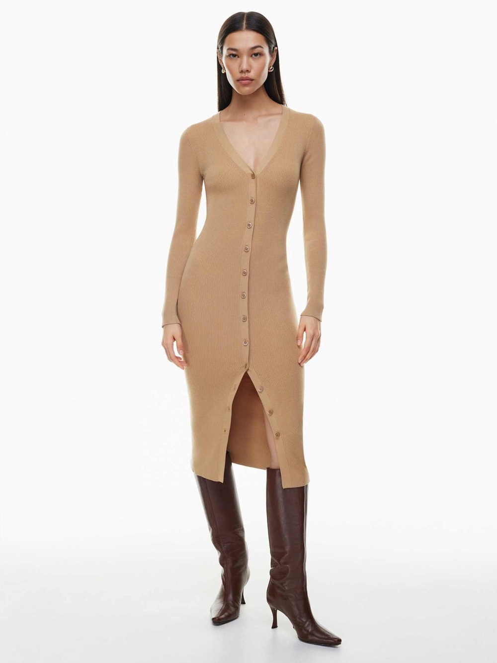 Lucky Brand Taupe Brown Ribbed Knit V-Neck Button Front Midi Dress Size Medium